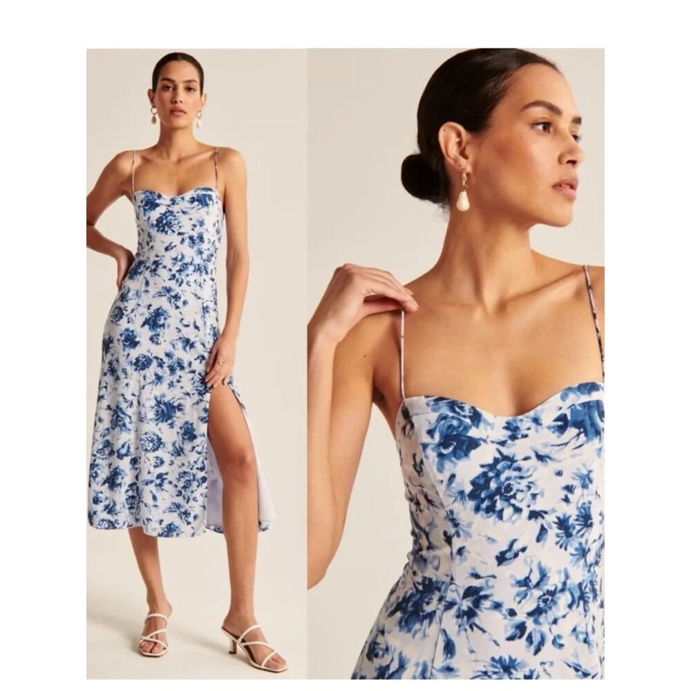 Abercrombie & Fitch Camille Midi Dress Blue White Floral Size Medium